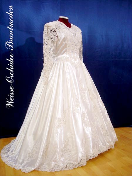 romantisches langärmiges Brautkleid Schleppe weiß Satin Spitze